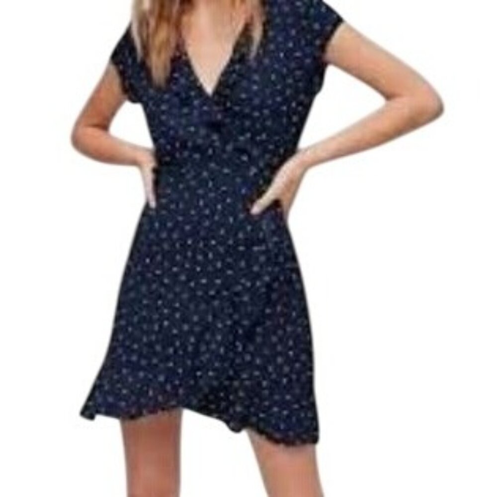 Aritzia Sunday Best Wrap Dress Navy 6 Ruffle Feminine French Girl Style